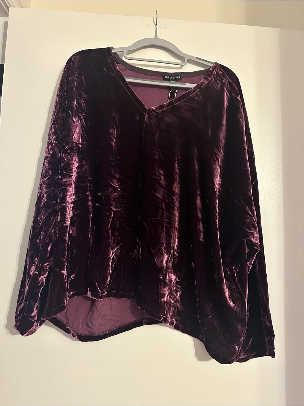 Eileen Fisher Crushed Velvet Red Silk Blend Long Sleeve Blouse NWOT